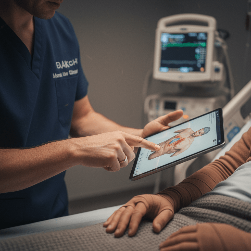 nurse reviewing the burns of a patient for a burn case from a lawyer